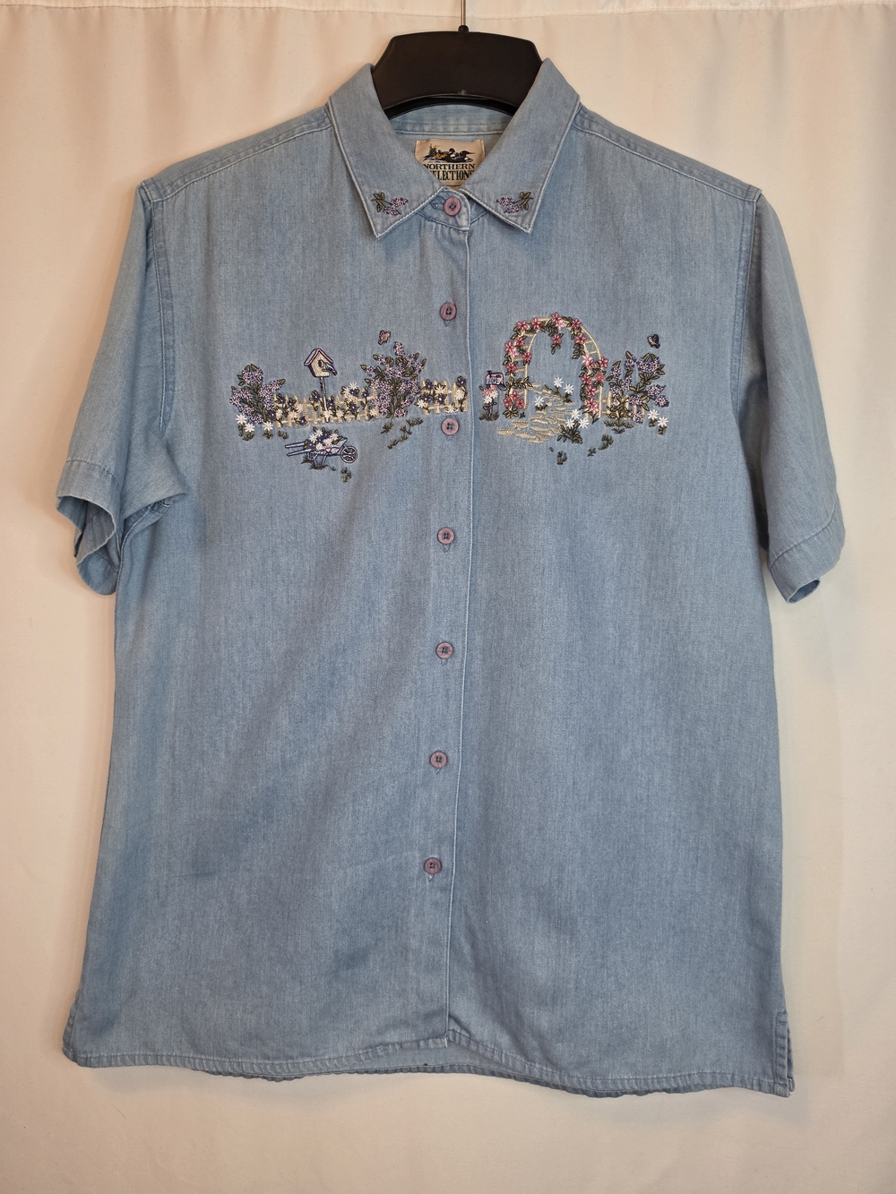 Northern Reflections Garden Embroidered Short Sleeve Chambray Denim Blouse.